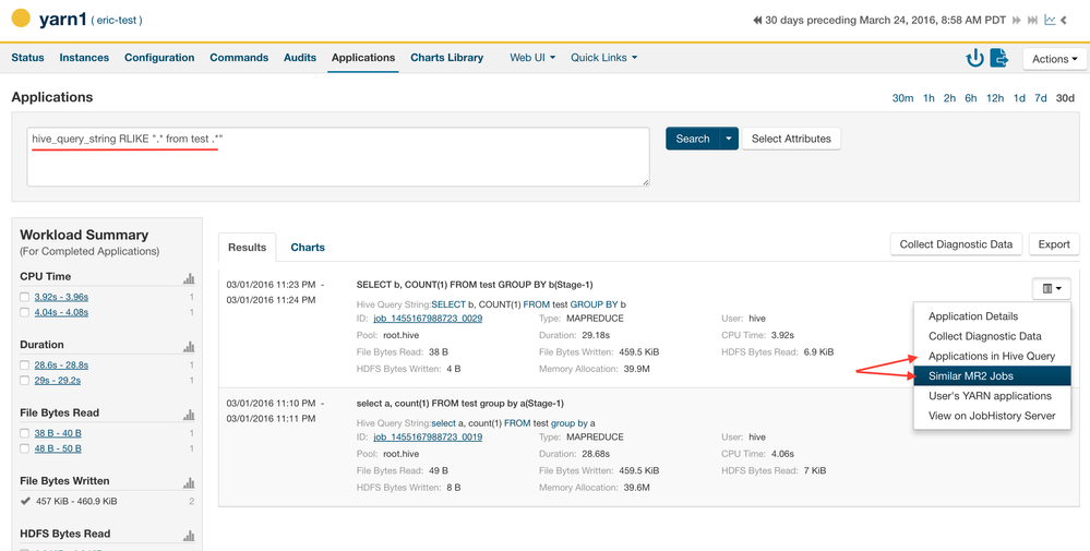 CM YARN Applications page for a Hive Query RLIKE filter matching anything read from table "test"