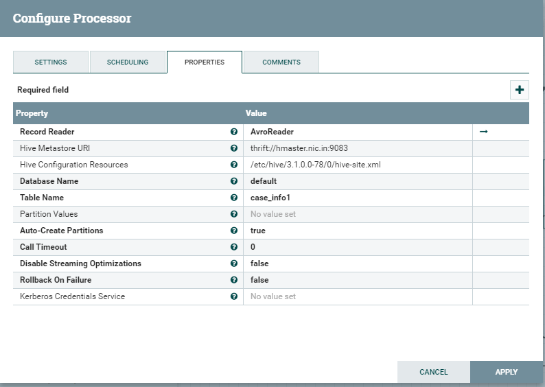 config for puthive3streaming processor