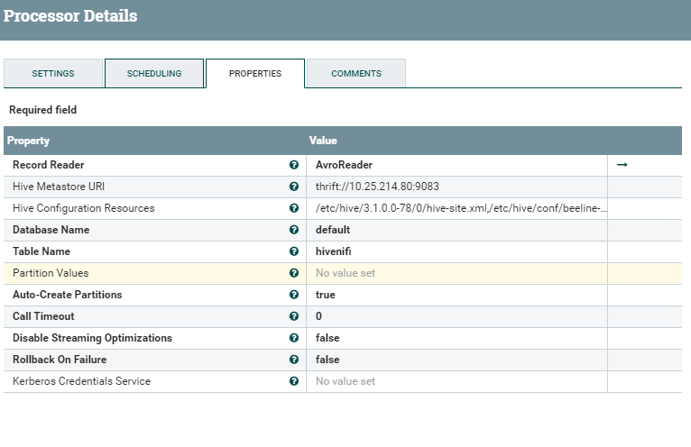 Configuration for  Puthive3streaming  processor