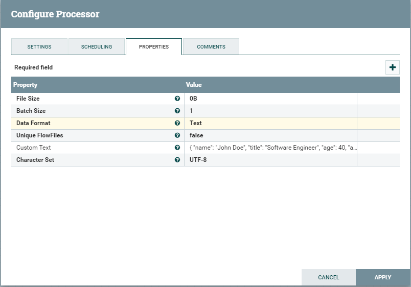 GenerateFlowFile processor configuration