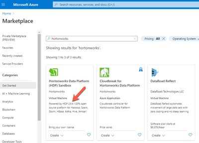 annotated partial page shot of MS Azure marketplace showing available HDP Sandbox captured 2021-02-04.jpeg