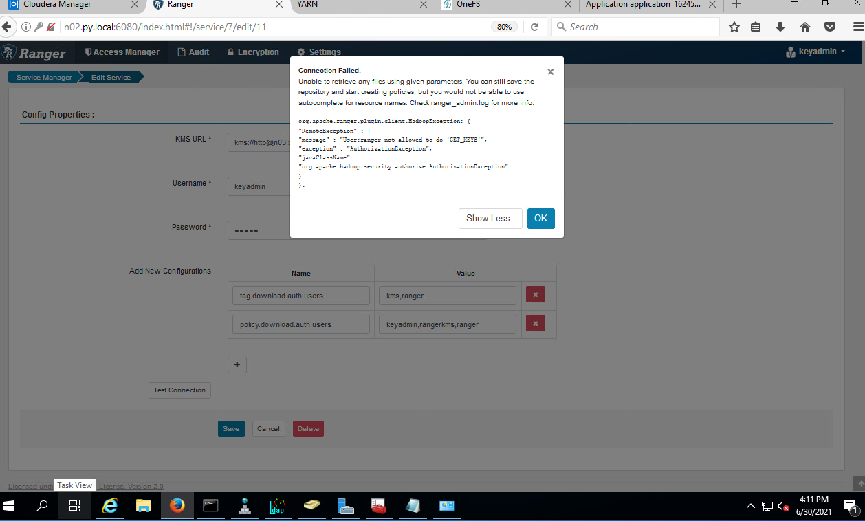 Solved CDP 7.1.6 Ranger KMS test conection failed " User... Cloudera