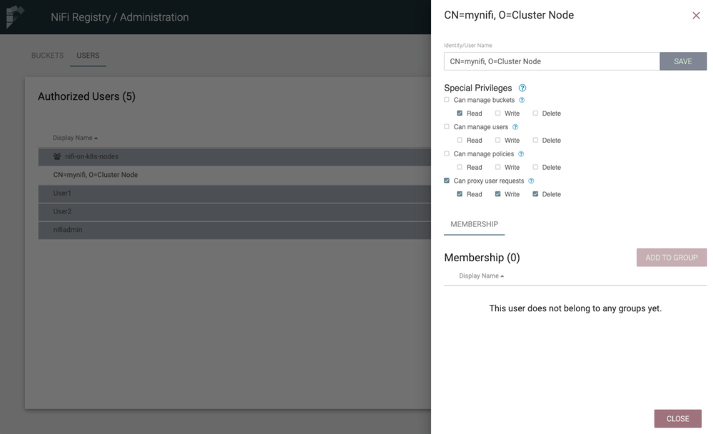 Create this user and the associated policies in the NiFi Registry to enable NiFi requests