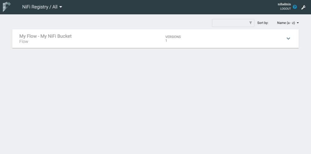 NiFi Registry running on Kubernetes with one bucket where flows are stored and versioned